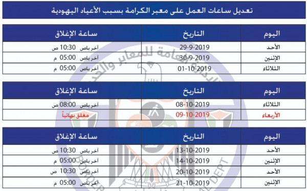 تعديل ساعات العمل على (معبر الكرامة) يومي الثلاثاء والأربعاء المقبلين تعديل ساعات العمل على (معبر الكرامة) يومي الثلاثاء والأربعاء المقبلين