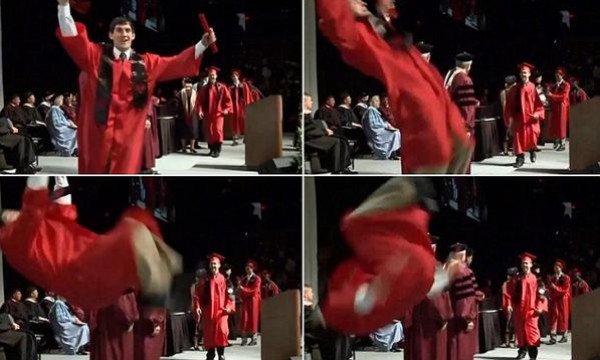قَفَز محتفلاً بتخرّجه من الجامعة فوجد نفسه ممدداً على منصة التتويج