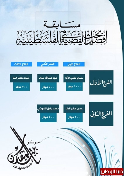 مركز بيت المقدس للدراسات التوثيقية يختتم مسابقة أفضل بحث في القضية الفلسطينية