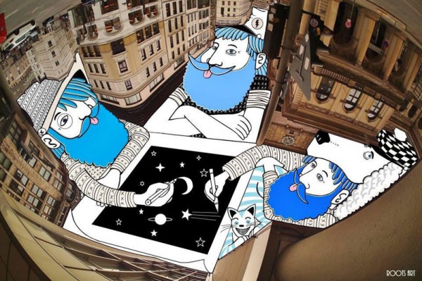 رسام يجعل من السماء خلفية لرسوماته