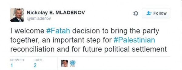 ممثل الأمم المتحدة نيكولاي ميلادنوف يرحب ببيان مركزية فتح الداعي لوحدة الحركة