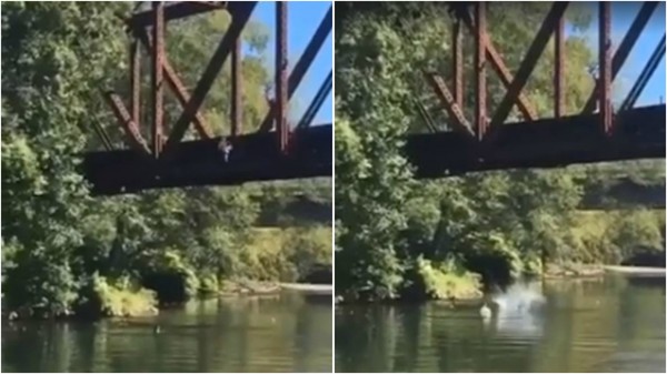 بالفيديو: لحظة إلقاء طفل من فوق جسر بوجود والدته