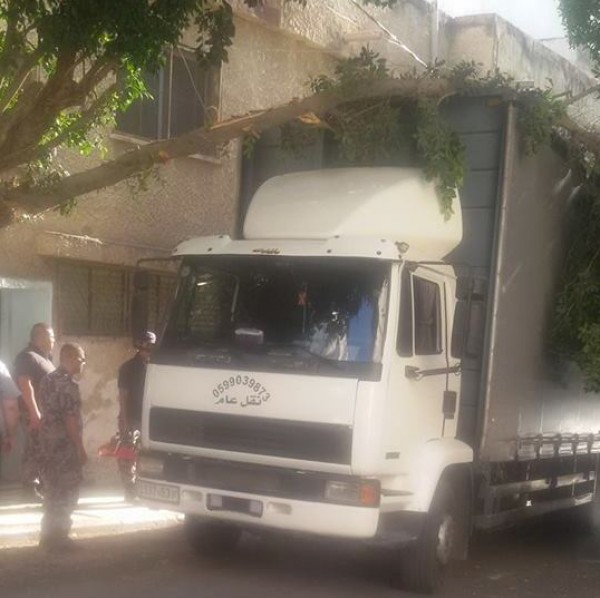 دفاع مدني قلقيلية يحرر مركبة شحن عالقة بشجرة بالمدينة