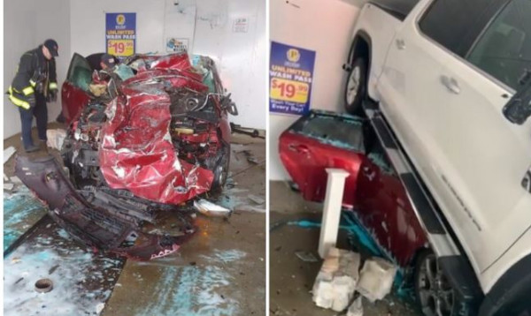 لأغرب سبب يتعلق بالقيادة.. شاهد شاحنة تسحق سيارة داخل مغسلة