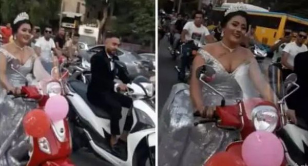 عروس مصرية تقود دراجة نارية للاحتفال بزواجها