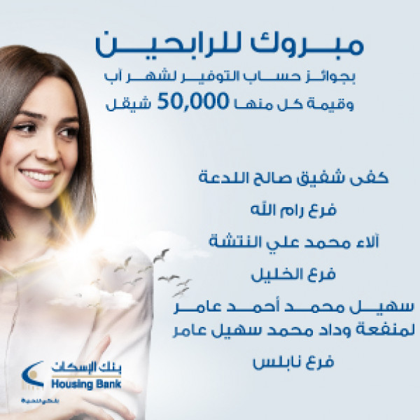 بنك الإسكان - فلسطين يعلن عن الفائزين بجوائز حسابات التوفير لشهر آب 2021