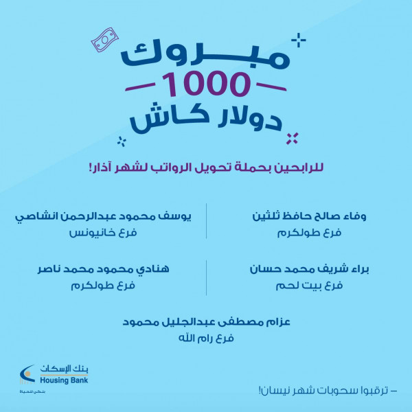 بنك الإسكان يعلن عن رابحي الشهر الأول من حملته