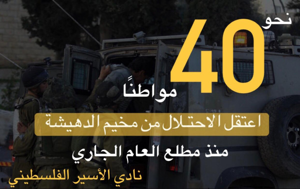 نادي الأسير: الاحتلال اعتقل من مخيم الدهيشة نحو 40 مواطنًا منذ مطلع العام الجاري